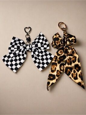 2Pc Bow Bag Charm Keychain Set Checkered & Leopard Print Purse Charm Coquette